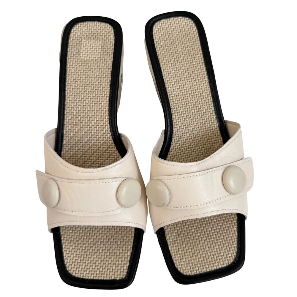 Cream Button Raffia Platform Slide Sandals Square Toe Wedge Heels Size 42‎ US 9
